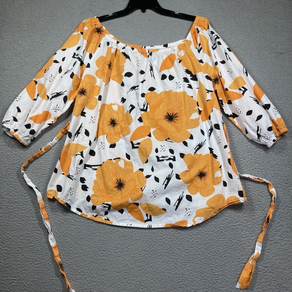 Ashley Stewart Top Women's 14/16 Orange Large Floral Cotton Waist Tie Blouse